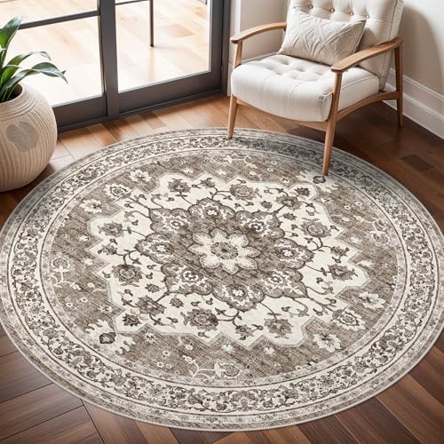 TOPRUUG Washable Oriental Area Rug - 6ft Round Rugs for Living Room Soft Carpet for Bedroom Waterproof Floral Distressed Indoor Stain Resistant Non-Shedding Floor Carpets (Beige, 6ft-Round) by TOPRUUG