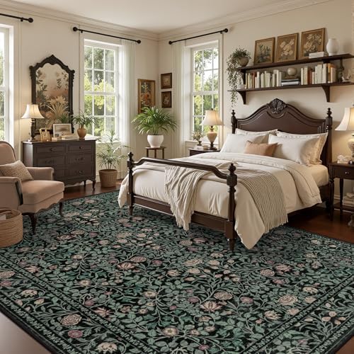 10x12 Area Rug Living Room: Soft Floral Washable Carpet Dark Green - Image 3