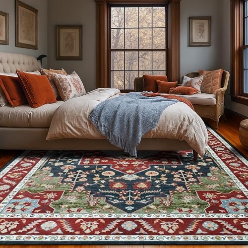 YJ.GWL Area Rugs for Living Room 8x10 Machine Washable Rugs, Non Slip Floral Vintage Rug Indoor Carpet, Stain Resistant Large Rug for Bedroom Dining Room, Red Green - Image 4