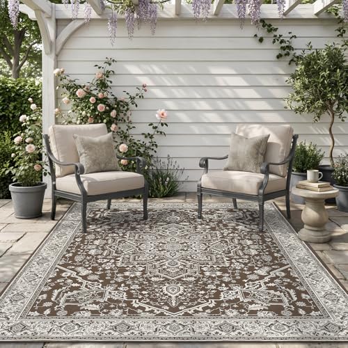 AMOAMI-Outdoor Rug-Patio Rug 5x8 ft Quick Dry Flatweave Textured Machine Washable Outdoor Carpet with Rubber Particles Backing Vintage Outdoor Area Rug for Patio Deck Front Porch Balcony Brown by AMOAMI