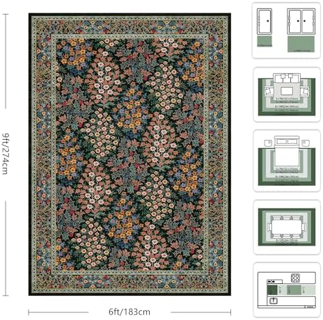 6x9 Area Rugs, Washable Floral Area Rugs for Living Room, Indoor Area Rug for Bedroom, Dining Room, Low Pile Non-Slip Non Shedding Rug(Black Floral) - Image 2