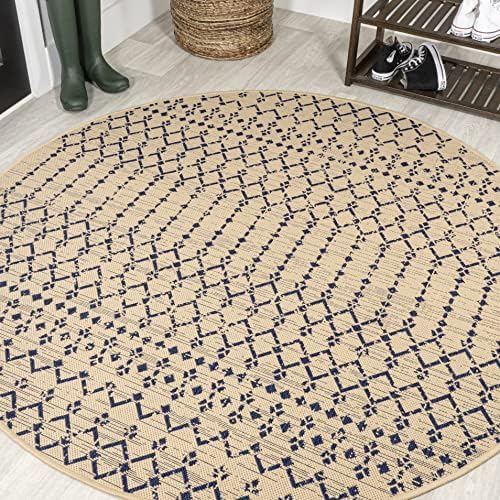 JONATHAN Y Moroccan Geometric Indoor Outdoor Round Area Rug 4 Ft Beige/Navy, Ourika Textured Weave for Backyard, Patio, Porch, Easy-Cleaning, High Traffic, Pet-Friendly, Non-Shedding (SMB108H-4R) by JONATHANY