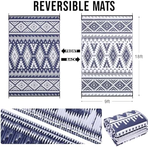 OLANLY Outdoor Rug 9x18 ft Waterproof Reversible Boho Mat, Navy & White - Image 2