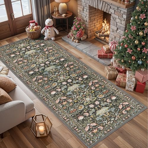 Wide Hallway Washable Runner Rug: 3x10 Water-Resistant Entryway Area Rug Vintage Soft Carpet for Living Room Non Slip Indoor Farmhouse Floor Mat for Bathroom Laundry Room(3x10,Green) by HYHAOYUNLAI