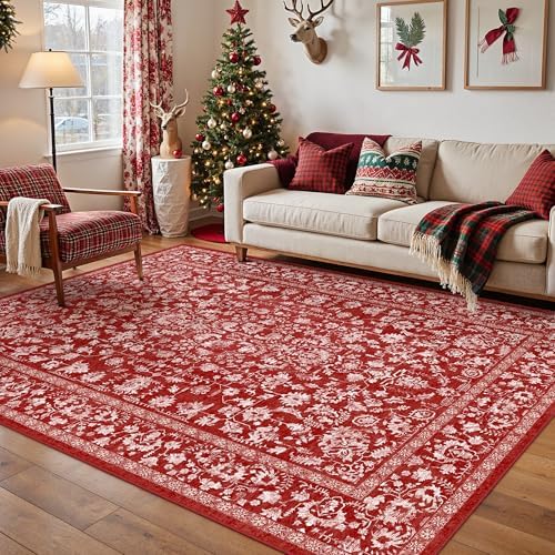 PureCozy Red Small Area Rug 4x6 Vintage Floral Farmhouse - Image 4
