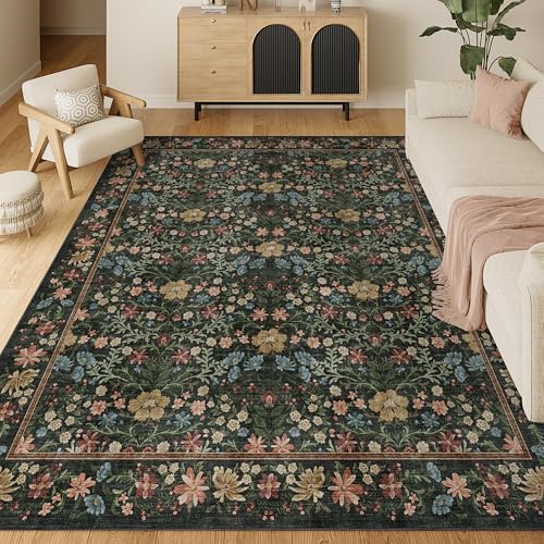 DUKINO 8x10 Area Rugs, Vintage Floral Washable Rug for Living Room, Black by DUKINO