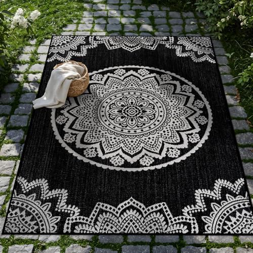 CAMILSON Outdoor Rug 8x10 Modern Area Rugs for Indoor and Outdoor Patios and Porches - Waterproof Washable Non-Shedding Easy-to-Clean Outside Carpet (8 x 10 Medallion - Black/White) - Image 7