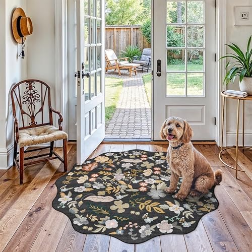 Washable Scalloped 4ft Round Rug: 4x4 Boho Floral Circle Area Rug Black by BYYVOORugsforYourHome