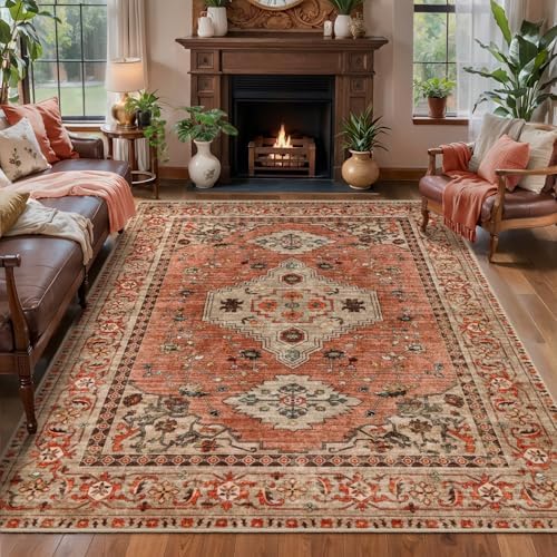 Tangsoo Boho 4x6 Area Rug for Living Room, Washable Non Slip Rug Terracotta by Tangsoo