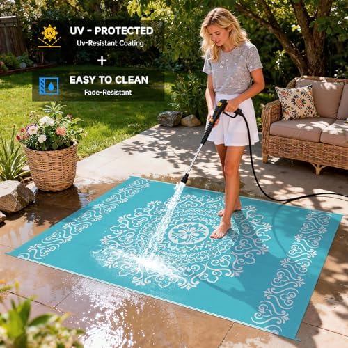 Pauwer Outdoor Rug 5x8, Waterproof Plastic Straw Camping Rug, Floral Teal - Image 4