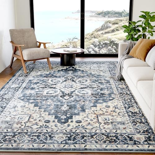 Amada 5x7 Washable Area Rug for Living Room, Blue, Vintage Pattern by AMADAHOMEFURNISHING