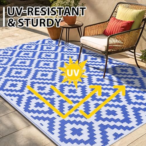 Smiry Outdoor Rug 6x9 ft Waterproof Reversible Boho Mat, White & Blue - Image 4