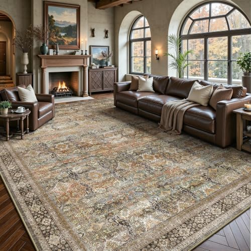 8x10 Area Rugs for Living Room - Washable Vintage Retro Large Rug, Soft Ultra Thin Non Slip Low Pile Traditional Distressed Boho Carpet for Bedroom Dining Room Home Office, Beige & Terracotta - Image 3