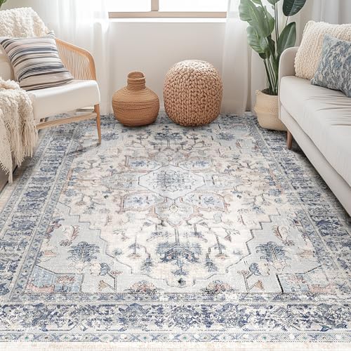BESTSWEETIE Washable Boho 6x9 Area Rug, No Pile for Living Room, Beige Blue by BESTSWEETIE