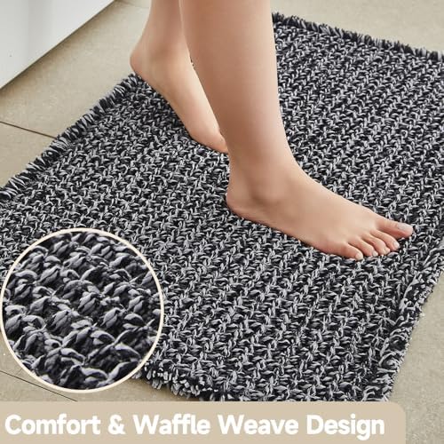 TYUU Waffle Bath Mat, Small Boho Bathroom Rugs Non Slip 24x16 Black & White - Image 3