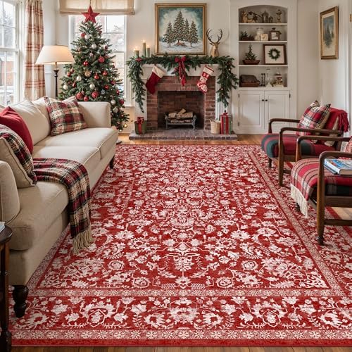 PureCozy Red Area Rug 6x9 Vintage Floral Farmhouse - Image 5