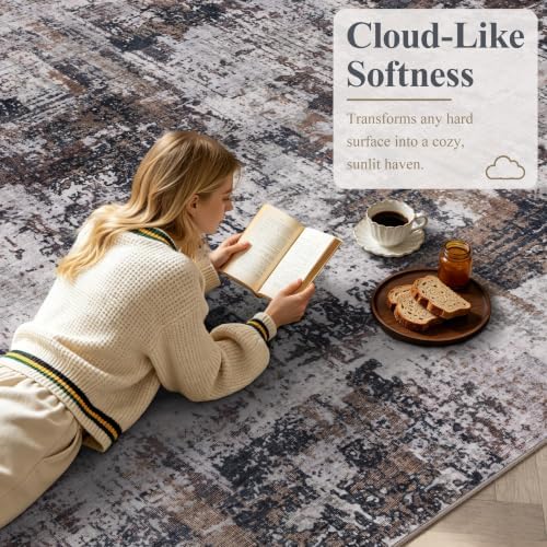 Sasttie 5x7 Washable Area Rug, Modern Abstract Carpet, Black & Brown - Image 3
