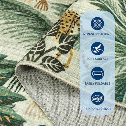 GarveeHome Round Area Rugs 5ft for Bedroom, Green Jungle Washable Circle Rug Soft Non Slip Forest Animal Print Floor Mat Tiger Carpet Indoor Thin Rug for Kids Room Dining Room Playroom Nursery - Image 4