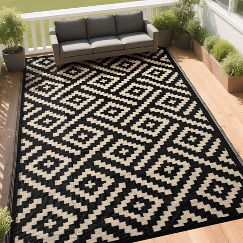 RURALITY Outdoor Rugs 6x9 Feet for Patios Clearance,Plastic Straw Waterproof Mats for Backyard,Porch,Deck,Balcony,Black&Beige - Image 3