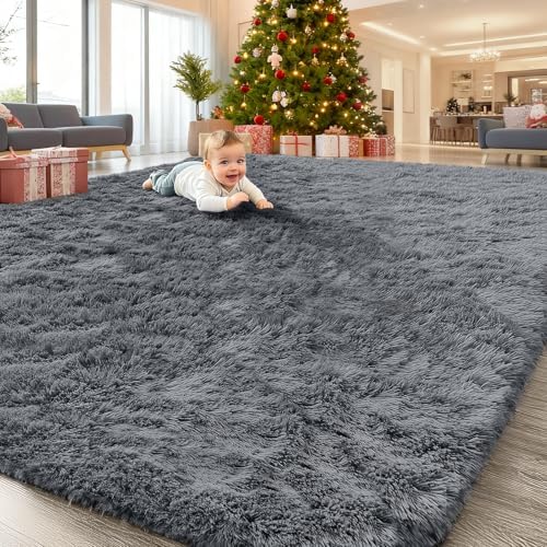 OLANLY 7x11 Machine Washable Large Area Rugs for Living Room, Bedroom, Soft Fluffy Shaggy Bedside Rug, Indoor Floor Carpet for Kids Girls and Boys, Dorms, Nursery, Home Decor Aesthetic, Grey by OLANLY