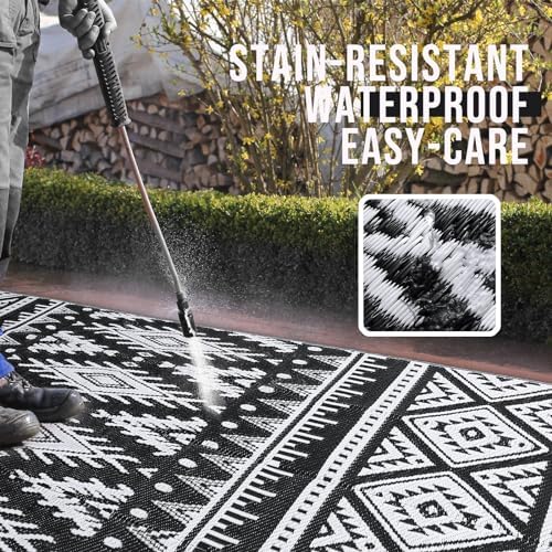 OLANLY Outdoor Rug 8x10 ft Waterproof Reversible Boho Mat, Black & White - Image 3