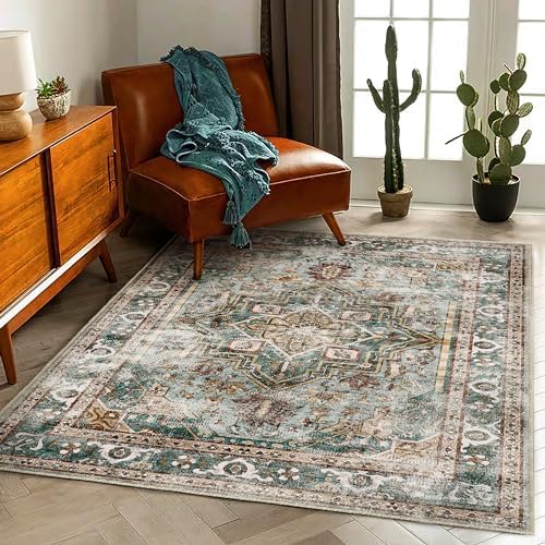 CHAMPLANT 3'x5' Vintage Washable Thin Green Area Rug Tangerine Traditional Floor Cover Foldable Indoor Distressed Non Slip Carpet Floral Print Mat Bedroom Living Room Bathroom by CHAMPLANT