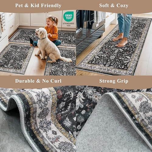 Kitchen Rug Sets 4-Piece with Runner – Washable Non-Slip Floor Mats for Sink, Entryway, Hallway, Bathroom – Soft Low-Pile Thin Boho Floral Rugs, New Home Decor (Black, 2x3+2x4+2x5+2x6) - Image 4
