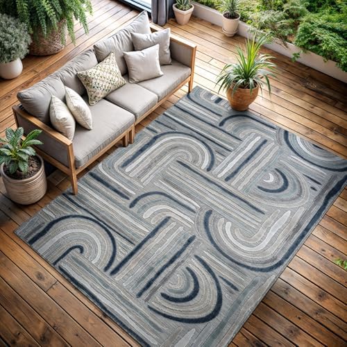 CAMILSON Indoor Outdoor Rug, Blue 9x12 Geometric Arch Striped Large Area Rugs for Patio and Home Areas, Easy-Cleaning Non-Shedding Living Room, Garden and Deck Washable Outside Carpet (9 x 12) - Image 4