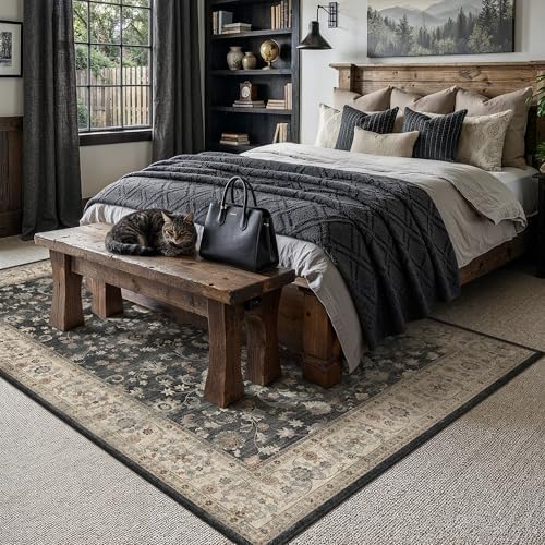 PureCozy Black Beige Area Rug 6x9 Vintage Floral Distressed - Image 2