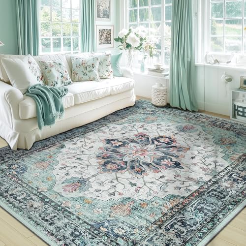 RELEANY Washable Area Rug, 6'x8', Teal Green/White/Navy by RELEANY
