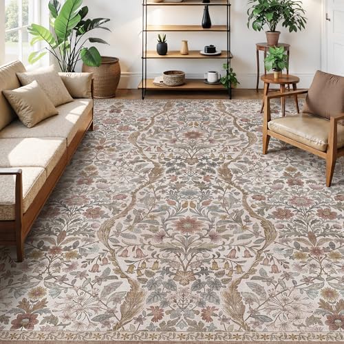 8x10 Large Floral Area Rug Soft Living Room Rug Khaki Carpet by NakedCloud