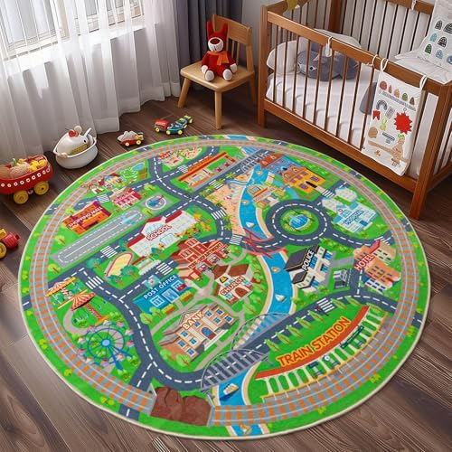 Car Rug Play Mat for Kids, 72" Round Playmat for Kid Bedroom by PlumlikHomeDecor