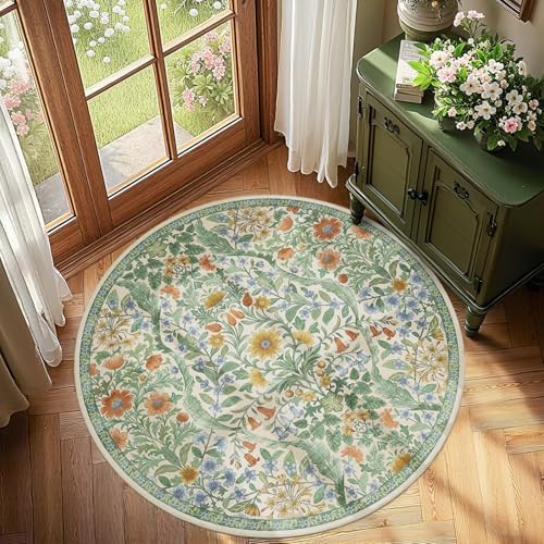 Round Rug 4ft Floral Circle Rug Green Botanical Indoor Area Rugs - Image 3