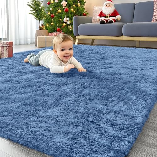 OLANLY Area Rugs for Living Room Bedroom, Machine Washable 4x5.9 ft Soft Fluffy Shaggy Bedside Rug, Indoor Floor Carpet for Kids Girls and Boys, Dorms, Nursery Rooms, Home Decor Aesthetic, Blue by OLANLY