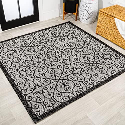 JONATHAN Y Vintage Filigree Indoor Outdoor Square Area Rug 9X9 Light Gray/Black, Madrid Textured Weave for Backyard, Patio, Porch, Easy-Cleaning, High Traffic, Pet-Friendly, Non-Shedding SMB107E-9SQ by JONATHANY