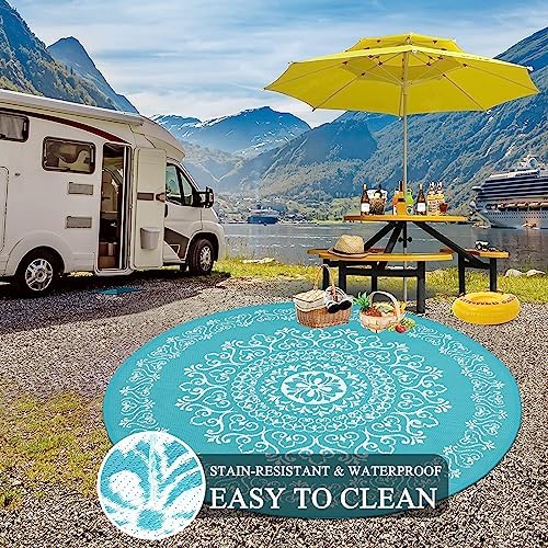 Pauwer Outdoor Rug 6ft, Waterproof Plastic Straw Camping Rug, Floral Teal - Image 5