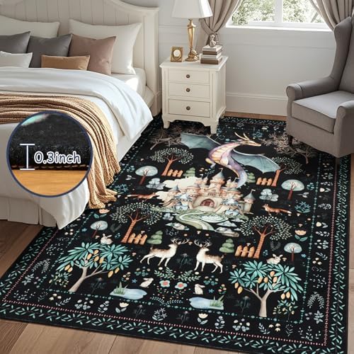 nesrt 5x7 Washable Area Rugs for Living Room Bedroom, Black Dragon Animal Print Dining Room Rugs Non Slip, Soft Botanical Forest Nursey Playroom Floor Carpets for Farmhouse Study Home Office Decor - Image 3