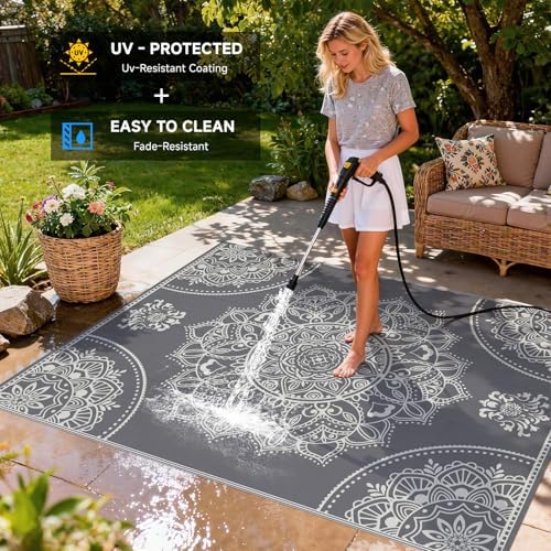 Pauwer Waterproof Outdoor Rug 8x10, Plastic Straw Patio Mat, Floral Grey - Image 4