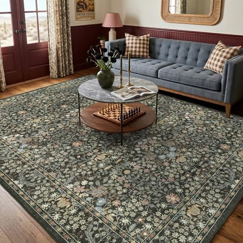 Black Floral Living Room Rug 5x7 Area Rug - Vintage Forest Washable Rug for Dining Room, Bedroom, Ultra Soft Low Pile Non Slip Stain Resistance Distressed Boho Farmhouse Flower Carpet - Image 2