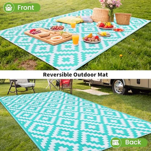 Smiry Outdoor Rug 9x18 ft Waterproof Reversible Boho Mat, White & Teal - Image 6