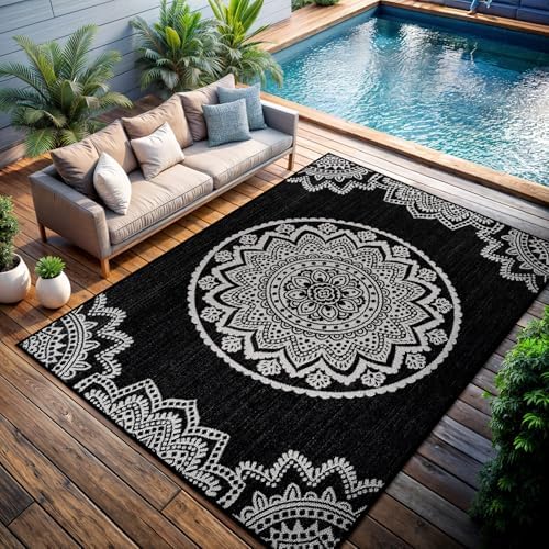 CAMILSON Outdoor Rug 6x9 Modern Area Rugs for Indoor and Outdoor Patios and Porches - Waterproof Washable Non-Shedding Easy-to-Clean Outside Carpet (6 x 9 Medallion - Black/White) - Image 7
