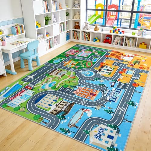 Car Rug Play Mat for Kids Toy Cars, 7' x 9' City Road Town Track Area Rug - Image 6