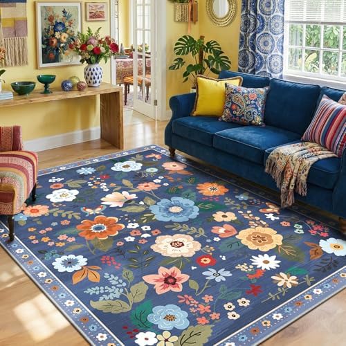 RELEANY Floral Washable 8x10 Area Rugs Blue/Grey - Image 2