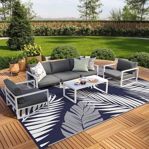 GENIMO Outdoor Rug, Waterproof Plastic Rugs 10'x14' for Camping Blue White - Image 4