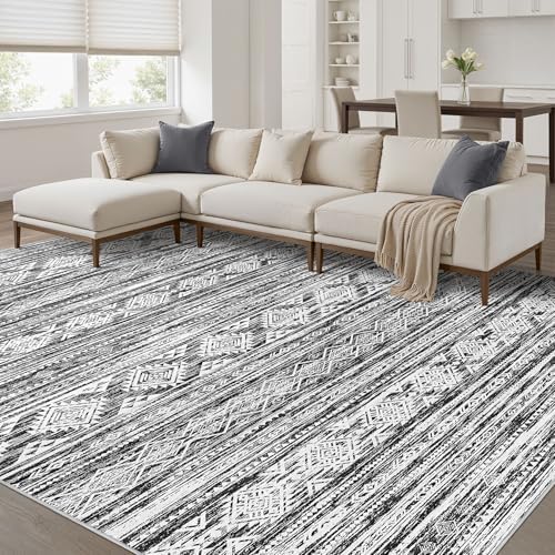 Nakagishi 9x12 Area Rugs Living Room: Washable Large Neutral Soft Rug Stain Resistant Non-Slip Carpet for Men Modern Home Enthusiasts Aged 25-45 - High Traffic Areas - Bedroom Office - Black White by NakagishiAreaRug