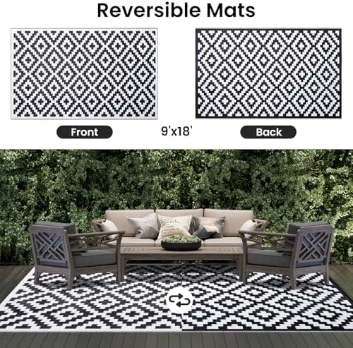 Smiry Outdoor Rug 9x18 ft Waterproof Reversible Boho Mat, Black & White - Image 3