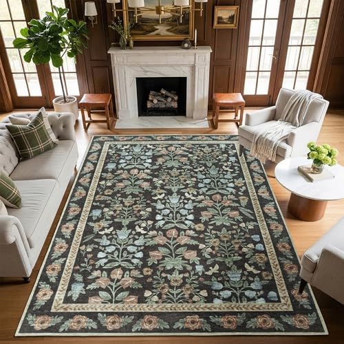 Washable Dining Room Rugs for Under Table - 6x9 Gold Black Floral Area Rug for Living Room, Low Pile Non Slip Floor Carpet for Bedroom, Vintage Distressed Ultra Soft Stain Resistance - Image 2