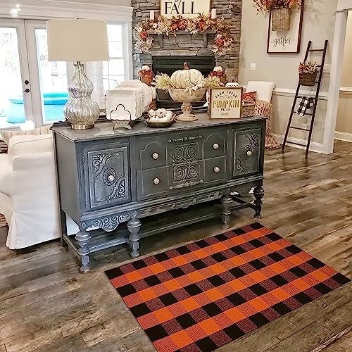 Fall Outdoor Rug Orange Buffalo Plaid Outdoor Rug Cotton Hand-Woven Buffalo Check Rug Layered Doormats for Front Door/Front Porch/Farmhouse/Entryway/Patio (Orange and Black Plaid, 3' x 5') - Image 4