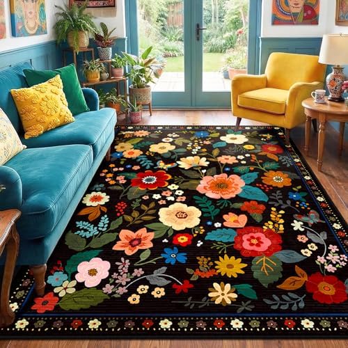 RELEANY Floral Washable 8x10 Area Rugs Black - Image 6