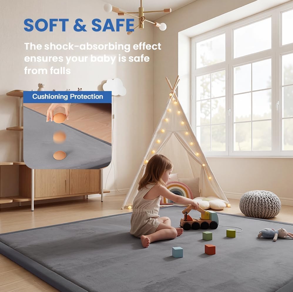 Huloo Sleep Ultra Soft Baby Play Mat for Floor, 1.3" Thick Elasti-Foam 59x59 Play Mat for Playpen,Water-Repellent Coral Velvet for Tummy Time, Non-Slip Backing,Safe for Toddlers & Infants(Dark Grey) - Image 6